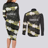 Born And Raised Aloha Hawaii Couples Matching Long Sleeve Bodycon Dress and Long Sleeve Button Shirt Kanaka Kakau Hawaiian Tiare Pakalana Lei LT14 - Polynesian Pride