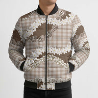 Brown Hawaii Tiare and Shell Lei Bomber Puffer Jacket Hawaiian Palaka Luxury Vibes - Polynesian Pride