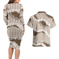 Brown Hawaii Tiare and Shell Lei Couples Matching Long Sleeve Bodycon Dress and Hawaiian Shirt Hawaiian Palaka Luxury Vibes LT14 - Polynesian Pride