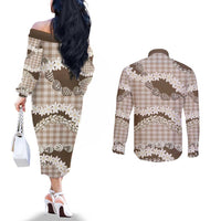 Brown Hawaii Tiare and Shell Lei Couples Matching Off The Shoulder Long Sleeve Dress and Long Sleeve Button Shirt Hawaiian Palaka Luxury Vibes - Polynesian Pride