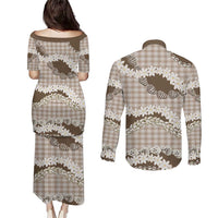 Brown Hawaii Tiare and Shell Lei Couples Matching Puletasi and Long Sleeve Button Shirt Hawaiian Palaka Luxury Vibes - Polynesian Pride