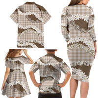 Brown Hawaii Tiare and Shell Lei Family Matching Long Sleeve Bodycon Dress and Hawaiian Shirt Hawaiian Palaka Luxury Vibes LT14 - Polynesian Pride