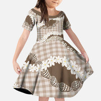 Brown Hawaii Tiare and Shell Lei Family Matching Off Shoulder Short Dress and Hawaiian Shirt Hawaiian Palaka Luxury Vibes LT14 Daughter's Dress Brown - Polynesian Pride
