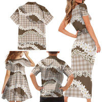 Brown Hawaii Tiare and Shell Lei Family Matching Short Sleeve Bodycon Dress and Hawaiian Shirt Hawaiian Palaka Luxury Vibes LT14 - Polynesian Pride