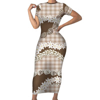 Brown Hawaii Tiare and Shell Lei Family Matching Short Sleeve Bodycon Dress and Hawaiian Shirt Hawaiian Palaka Luxury Vibes LT14 Mom's Dress Brown - Polynesian Pride
