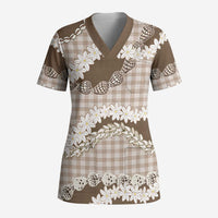 Brown Hawaii Tiare and Shell Lei Scrub Top Hawaiian Palaka Luxury Vibes - Polynesian Pride
