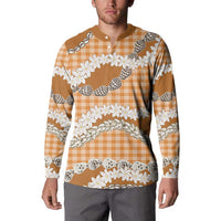 Orange Hawaii Tiare and Shell Lei Button Sweatshirt Hawaiian Palaka Luxury Vibes - Polynesian Pride