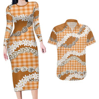 Orange Hawaii Tiare and Shell Lei Couples Matching Long Sleeve Bodycon Dress and Hawaiian Shirt Hawaiian Palaka Luxury Vibes LT14 Orange - Polynesian Pride
