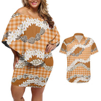 Orange Hawaii Tiare and Shell Lei Couples Matching Off Shoulder Short Dress and Hawaiian Shirt Hawaiian Palaka Luxury Vibes - Polynesian Pride