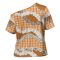 Orange Hawaii Tiare and Shell Lei Cross Shoulder Shirt Hawaiian Palaka Luxury Vibes - Polynesian Pride