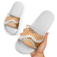 Orange Hawaii Tiare and Shell Lei Slide Sandals Hawaiian Palaka Luxury Vibes - Polynesian Pride