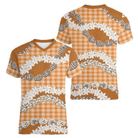 Orange Hawaii Tiare and Shell Lei Women V-Neck T-Shirt Hawaiian Palaka Luxury Vibes - Polynesian Pride