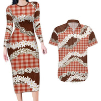 Red Hawaii Tiare and Shell Lei Couples Matching Long Sleeve Bodycon Dress and Hawaiian Shirt Hawaiian Palaka Luxury Vibes LT14 Red - Polynesian Pride