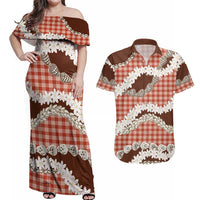 Red Hawaii Tiare and Shell Lei Couples Matching Off Shoulder Maxi Dress and Hawaiian Shirt Hawaiian Palaka Luxury Vibes - Polynesian Pride