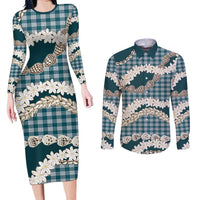 Dark Cyan Hawaii Tiare and Shell Lei Couples Matching Long Sleeve Bodycon Dress and Long Sleeve Button Shirt Hawaiian Palaka Luxury Vibes LT14 Dark Cyan - Polynesian Pride