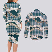 Dark Cyan Hawaii Tiare and Shell Lei Couples Matching Long Sleeve Bodycon Dress and Long Sleeve Button Shirt Hawaiian Palaka Luxury Vibes LT14 - Polynesian Pride