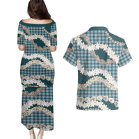 Dark Cyan Hawaii Tiare and Shell Lei Couples Matching Puletasi and Hawaiian Shirt Hawaiian Palaka Luxury Vibes - Polynesian Pride
