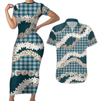 Dark Cyan Hawaii Tiare and Shell Lei Couples Matching Short Sleeve Bodycon Dress and Hawaiian Shirt Hawaiian Palaka Luxury Vibes LT14 Dark Cyan - Polynesian Pride