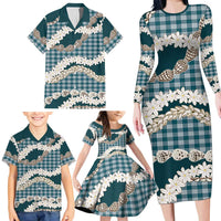 Dark Cyan Hawaii Tiare and Shell Lei Family Matching Long Sleeve Bodycon Dress and Hawaiian Shirt Hawaiian Palaka Luxury Vibes LT14 - Polynesian Pride