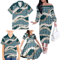 Dark Cyan Hawaii Tiare and Shell Lei Family Matching Off The Shoulder Long Sleeve Dress and Hawaiian Shirt Hawaiian Palaka Luxury Vibes LT14 - Polynesian Pride