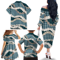 Dark Cyan Hawaii Tiare and Shell Lei Family Matching Off The Shoulder Long Sleeve Dress and Hawaiian Shirt Hawaiian Palaka Luxury Vibes LT14 - Polynesian Pride