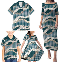 Dark Cyan Hawaii Tiare and Shell Lei Family Matching Puletasi and Hawaiian Shirt Hawaiian Palaka Luxury Vibes LT14 - Polynesian Pride