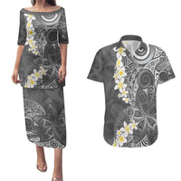 Gray Polynesian Tribal Frangipani Tropical Vibe Couples Matching Puletasi and Hawaiian Shirt