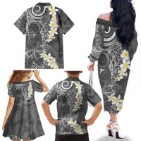 Gray Polynesian Tribal Frangipani Tropical Vibe Family Matching Off The Shoulder Long Sleeve Dress and Hawaiian Shirt LT14 - Polynesian Pride