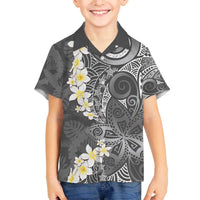 Gray Polynesian Tribal Frangipani Tropical Vibe Family Matching Off The Shoulder Long Sleeve Dress and Hawaiian Shirt LT14 Son's Shirt Gray - Polynesian Pride