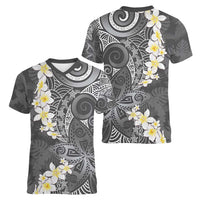 Gray Polynesian Tribal Frangipani Tropical Vibe Women V-Neck T-Shirt