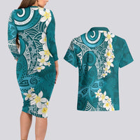 Cyan Polynesian Tribal Frangipani Tropical Vibe Couples Matching Long Sleeve Bodycon Dress and Hawaiian Shirt LT14 - Polynesian Pride