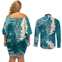 Cyan Polynesian Tribal Frangipani Tropical Vibe Couples Matching Off Shoulder Short Dress and Long Sleeve Button Shirt
