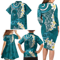 Cyan Polynesian Tribal Frangipani Tropical Vibe Family Matching Long Sleeve Bodycon Dress and Hawaiian Shirt LT14 - Polynesian Pride