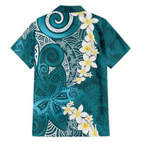 Cyan Polynesian Tribal Frangipani Tropical Vibe Family Matching Off Shoulder Short Dress and Hawaiian Shirt LT14 - Polynesian Pride