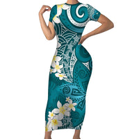 Cyan Polynesian Tribal Frangipani Tropical Vibe Family Matching Short Sleeve Bodycon Dress and Hawaiian Shirt LT14 Mom's Dress Cyan - Polynesian Pride