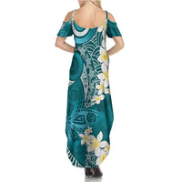 Cyan Polynesian Tribal Frangipani Tropical Vibe Family Matching Summer Maxi Dress and Hawaiian Shirt LT14 - Polynesian Pride