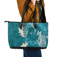 Cyan Polynesian Tribal Frangipani Tropical Vibe Leather Tote Bag