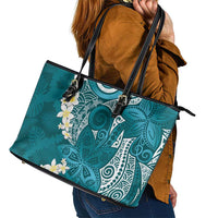 Cyan Polynesian Tribal Frangipani Tropical Vibe Leather Tote Bag