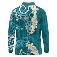 Cyan Polynesian Tribal Frangipani Tropical Vibe Long Sleeve Polo Shirt