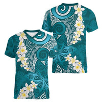 Cyan Polynesian Tribal Frangipani Tropical Vibe Women V-Neck T-Shirt