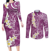 Pink Polynesian Tribal Frangipani Tropical Vibe Couples Matching Long Sleeve Bodycon Dress and Long Sleeve Button Shirt