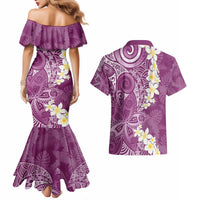 Pink Polynesian Tribal Frangipani Tropical Vibe Couples Matching Mermaid Dress and Hawaiian Shirt