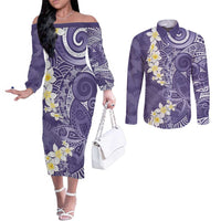 Violet Polynesian Tribal Frangipani Tropical Vibe Couples Matching Off The Shoulder Long Sleeve Dress and Long Sleeve Button Shirt LT14 Violet - Polynesian Pride