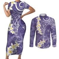 Violet Polynesian Tribal Frangipani Tropical Vibe Couples Matching Short Sleeve Bodycon Dress and Long Sleeve Button Shirt