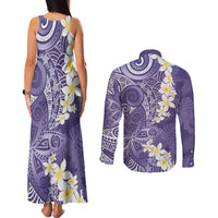 Violet Polynesian Tribal Frangipani Tropical Vibe Couples Matching Tank Maxi Dress and Long Sleeve Button Shirt