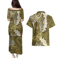 Gold Polynesian Tribal Frangipani Tropical Vibe Couples Matching Puletasi and Hawaiian Shirt