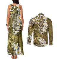 Gold Polynesian Tribal Frangipani Tropical Vibe Couples Matching Tank Maxi Dress and Long Sleeve Button Shirt