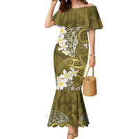 Gold Polynesian Tribal Frangipani Tropical Vibe Family Matching Mermaid Dress and Hawaiian Shirt LT14 Mom's Dress Gold - Polynesian Pride