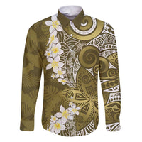 Gold Polynesian Tribal Frangipani Tropical Vibe Family Matching Puletasi and Hawaiian Shirt LT14 Dad's Shirt - Long Sleeve Gold - Polynesian Pride