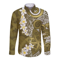 Gold Polynesian Tribal Frangipani Tropical Vibe Long Sleeve Button Shirt